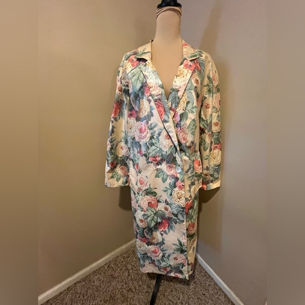 Vintage 80s Nordic House Floral Long Double Breasted Waterproof Raincoat, Large